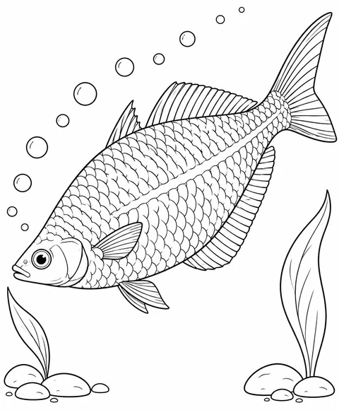 A large rainbowfish stretches diagonally across the page, with curved rows of scales, a side stripe and an arc of bubbles.