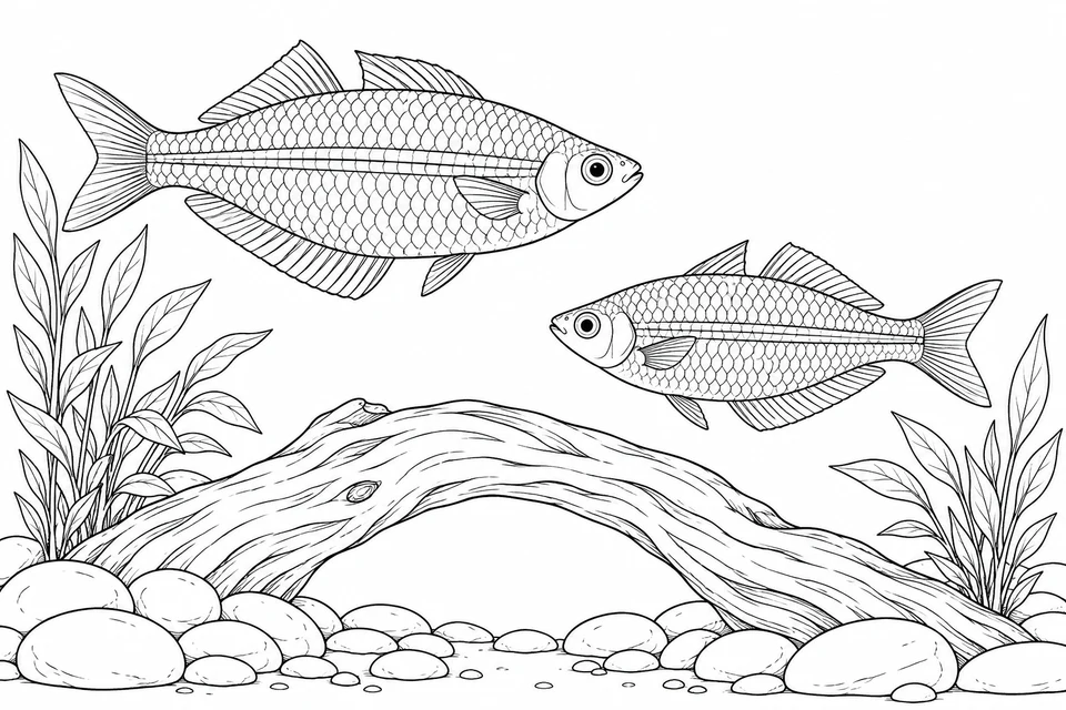 Two striped rainbowfish face one another above an arch of driftwood, with leafy water plants and smooth stones below.