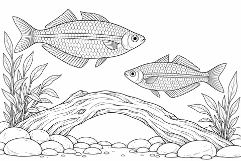 Two striped rainbowfish face one another above an arch of driftwood, with leafy water plants and smooth stones below.