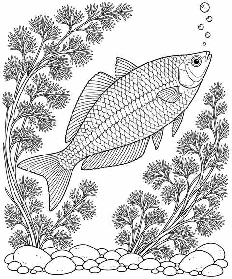 A large rainbowfish rises diagonally between sweeping fronds of fine-leaved water plants, with pebbles and bubbles around it.