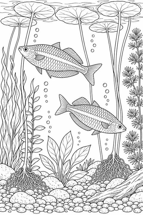 Two rainbowfish swim between long plant stems under floating round leaves, above roots, pebbles and a fallen branch.
