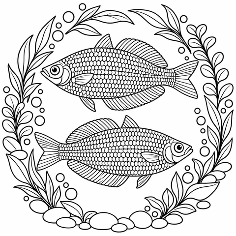 Two rainbowfish face opposite directions inside a wreath of water-plant leaves, pebbles and bubble rings.