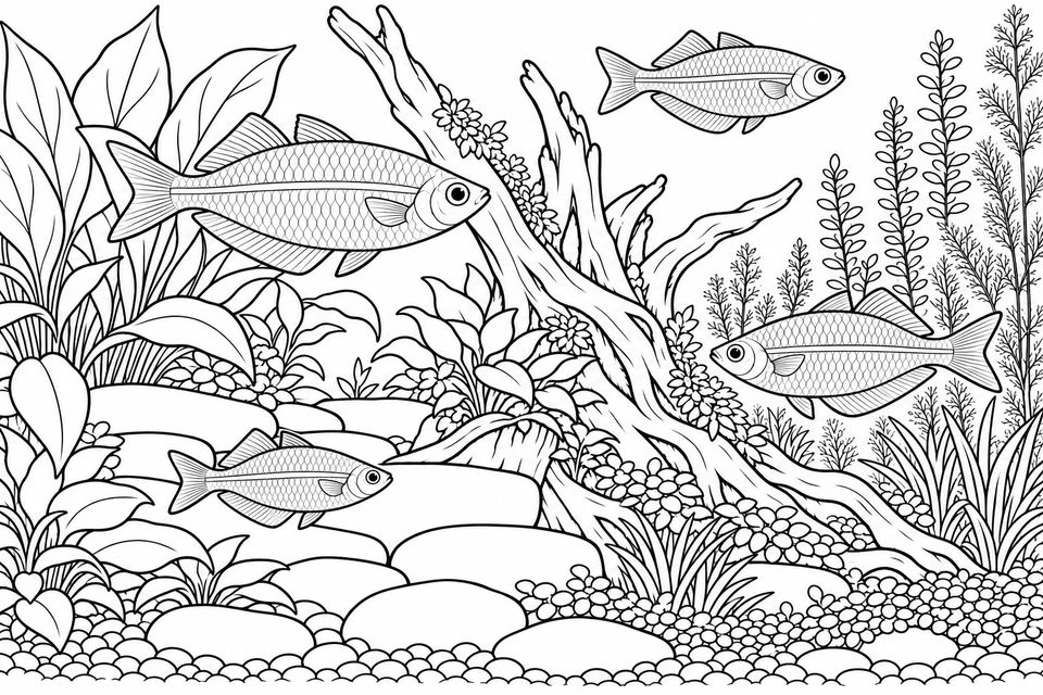 Four rainbowfish weave through a planted scene with branching driftwood, broad leaves, fine stems and stepped stones.