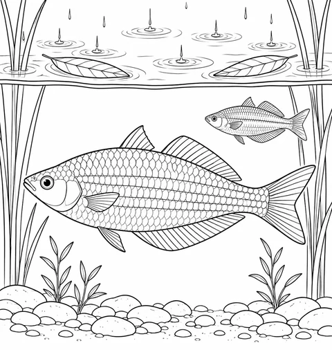 Raindrops make rings around two floating leaves, while a large rainbowfish and a smaller companion swim below the pond surface.