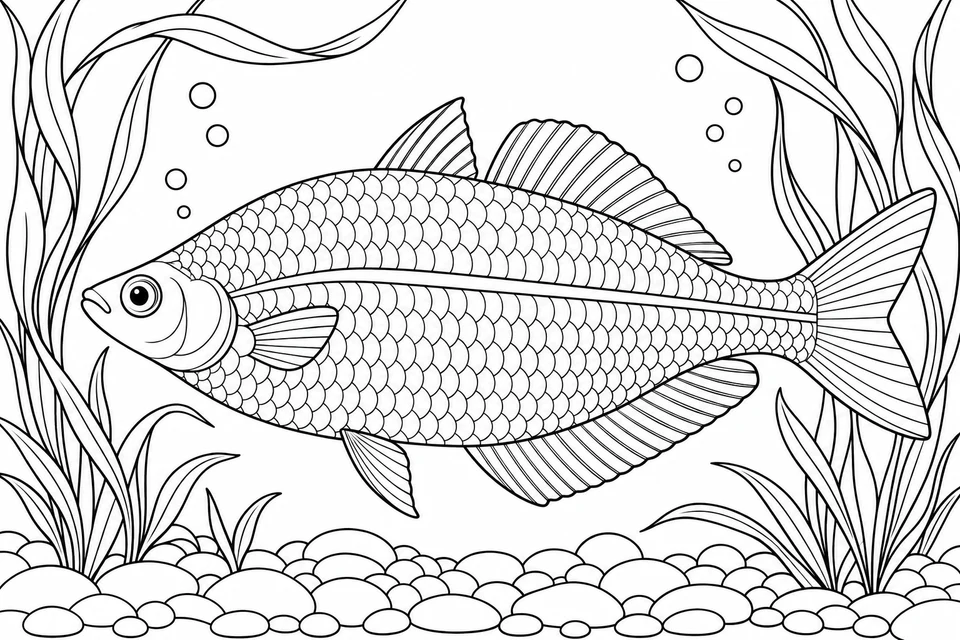 Ein großer Regenbogenfisch mit Seitenstreifen schwimmt zwischen langen Wasserpflanzenblättern über runde Kiesel.