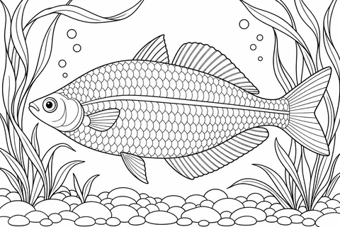 A large rainbowfish with a long side stripe swims between flowing water-plant leaves above rounded pebbles.