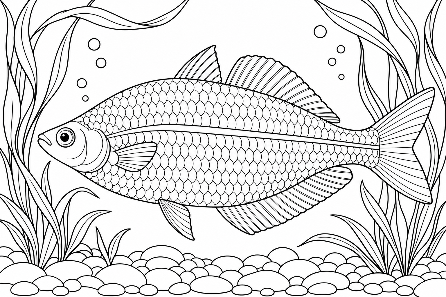 A large rainbowfish with a long side stripe swims between flowing water-plant leaves above rounded pebbles.