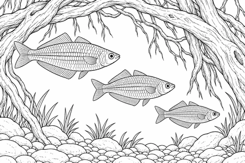 Three rainbowfish swim in a row beneath arching submerged roots, above pebbles and small clumps of water grass.