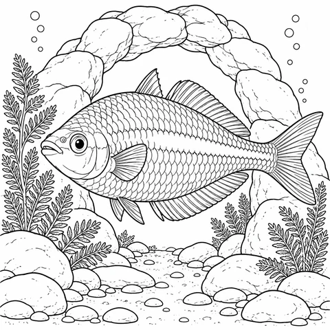 A large rainbowfish passes a rounded stone arch, framed by delicate water plants, pebbles and bubbles.
