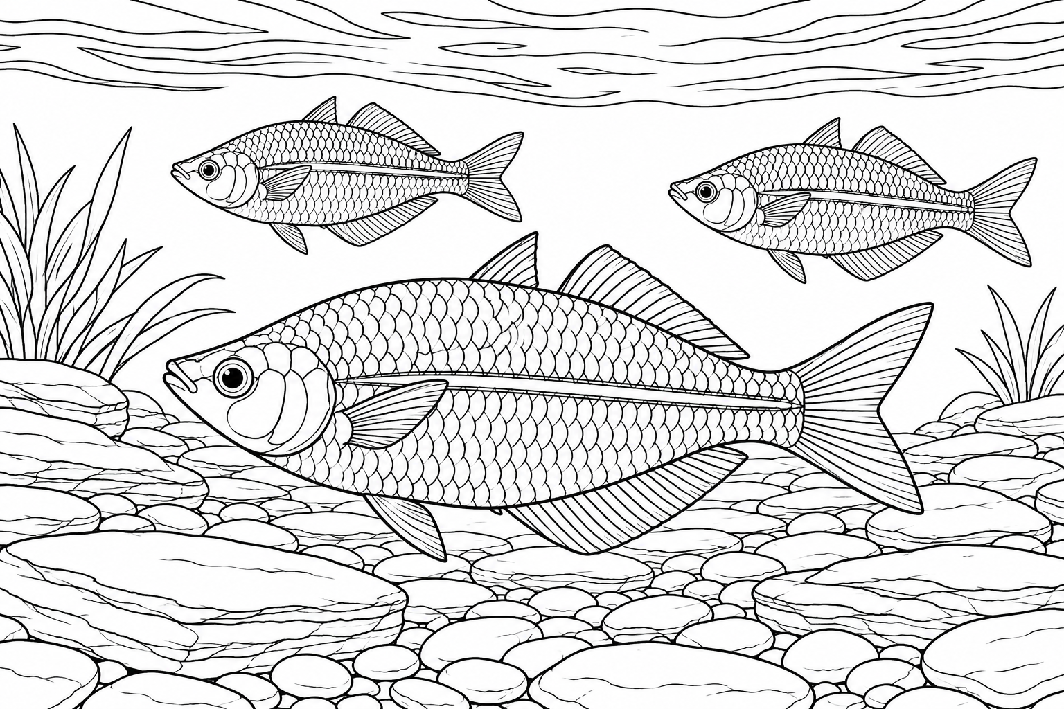 Ein großer Regenbogenfisch schwimmt vor zwei kleineren über einen Bachgrund voller flacher Steine und Kiesel.