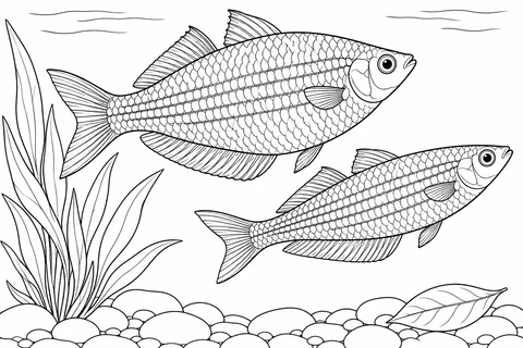 Two rainbowfish with several long stripes swim together above pebbles, beside tall leaves and a fallen leaf.