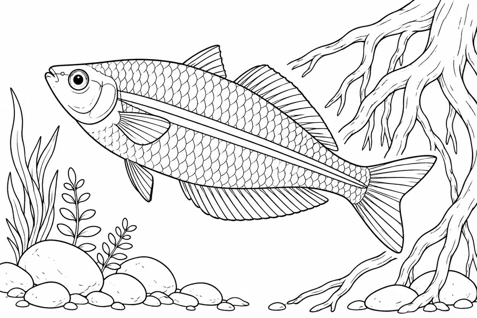 Ein großer gestreifter Regenbogenfisch schwimmt an verzweigten Baumwurzeln vorbei, über Wasserpflanzen und runden Steinen.