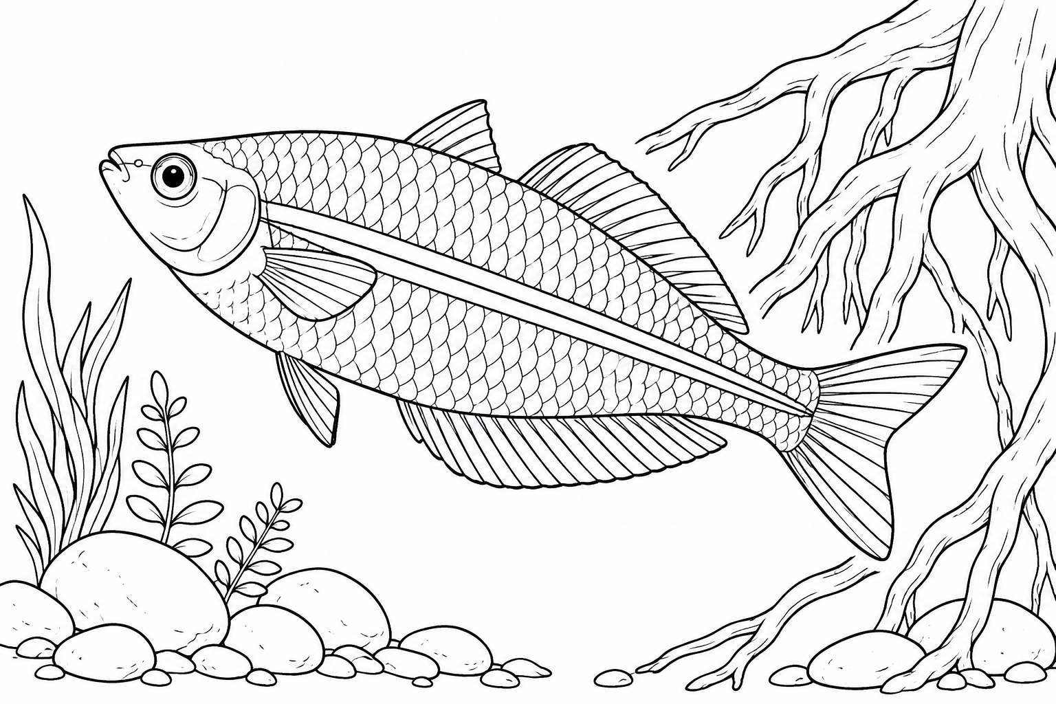 A large striped rainbowfish swims past branching tree roots, with water plants and rounded stones below.