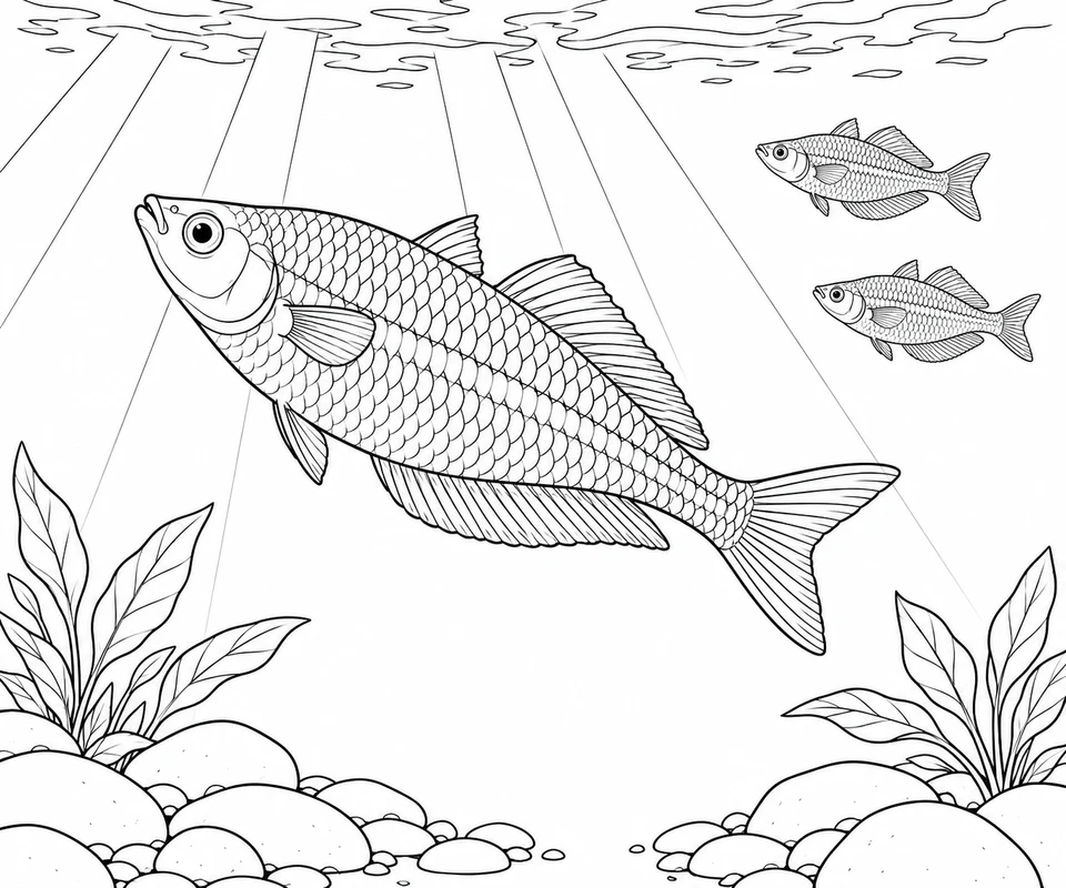 큰 레인보우피시 한 마리와 작은 두 마리가 선으로 표현한 햇살 아래를 헤엄쳐요. 바닥에는 잎이 달린 수초와 매끈한 돌이 있어요.
