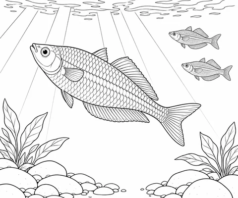 큰 레인보우피시 한 마리와 작은 두 마리가 선으로 표현한 햇살 아래를 헤엄쳐요. 바닥에는 잎이 달린 수초와 매끈한 돌이 있어요.