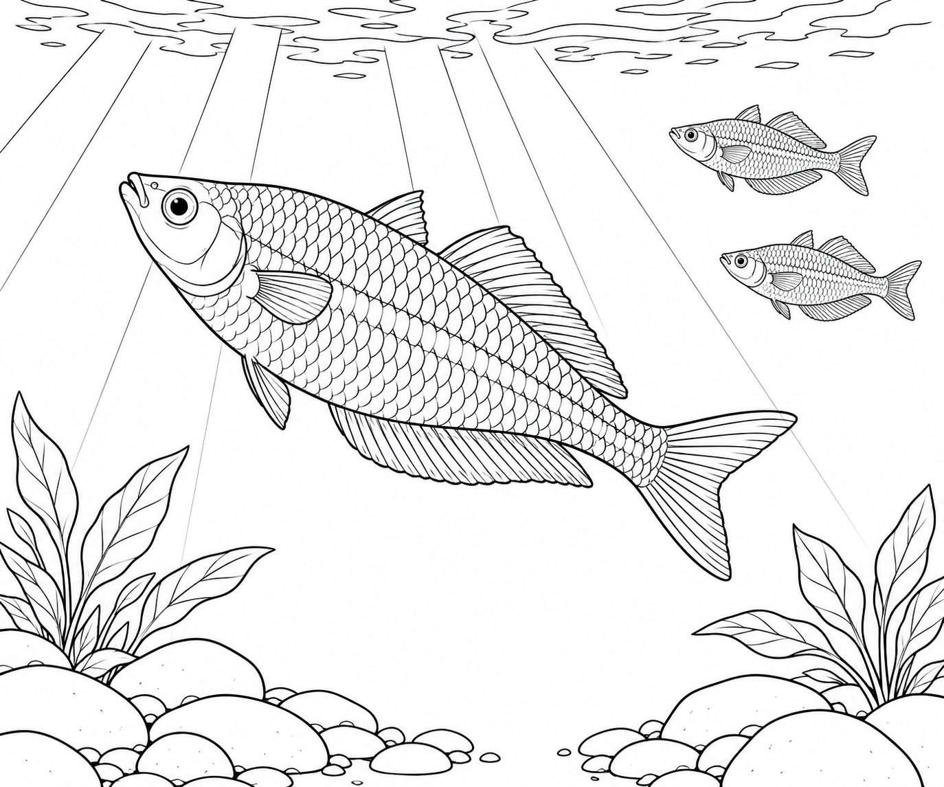 큰 레인보우피시 한 마리와 작은 두 마리가 선으로 표현한 햇살 아래를 헤엄쳐요. 바닥에는 잎이 달린 수초와 매끈한 돌이 있어요.