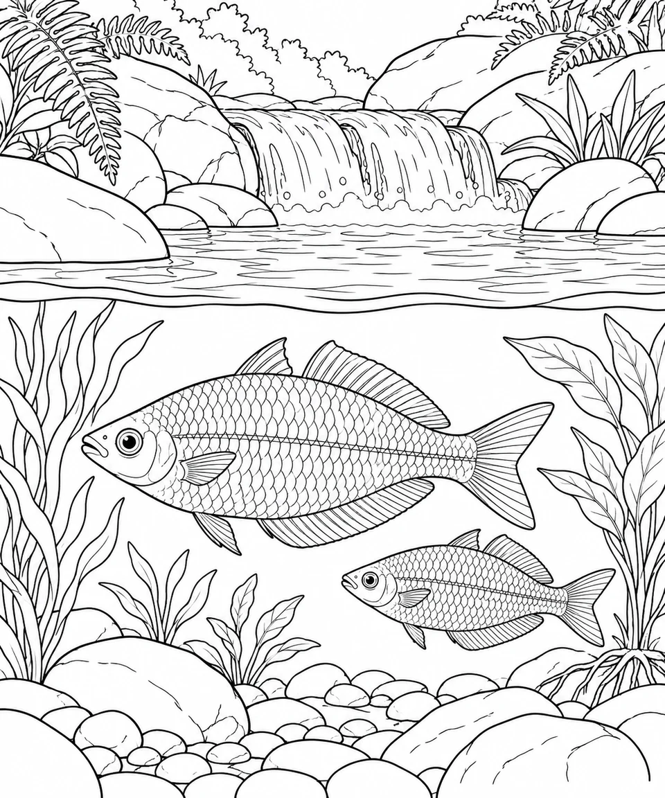 A small waterfall spills between rocks above the surface, while two rainbowfish swim among plants and stones underwater.