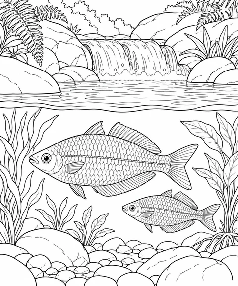 A small waterfall spills between rocks above the surface, while two rainbowfish swim among plants and stones underwater.