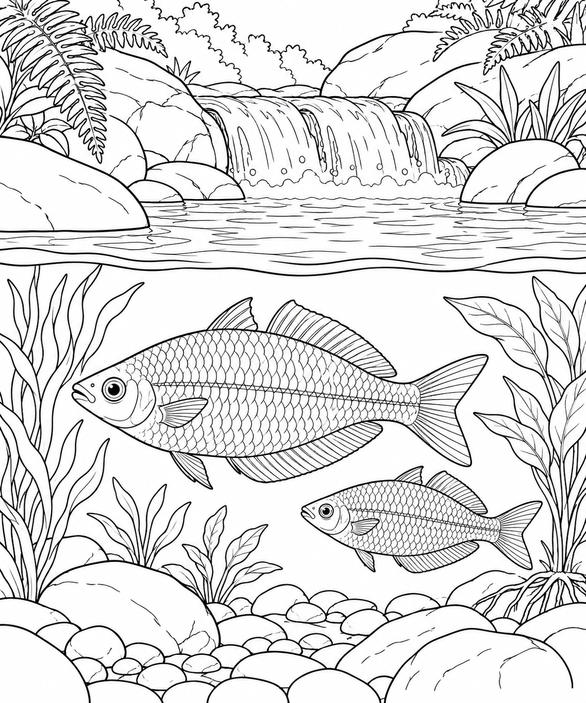 Über Wasser fließt ein kleiner Wasserfall zwischen Felsen. Darunter schwimmen zwei Regenbogenfische zwischen Pflanzen und Steinen.