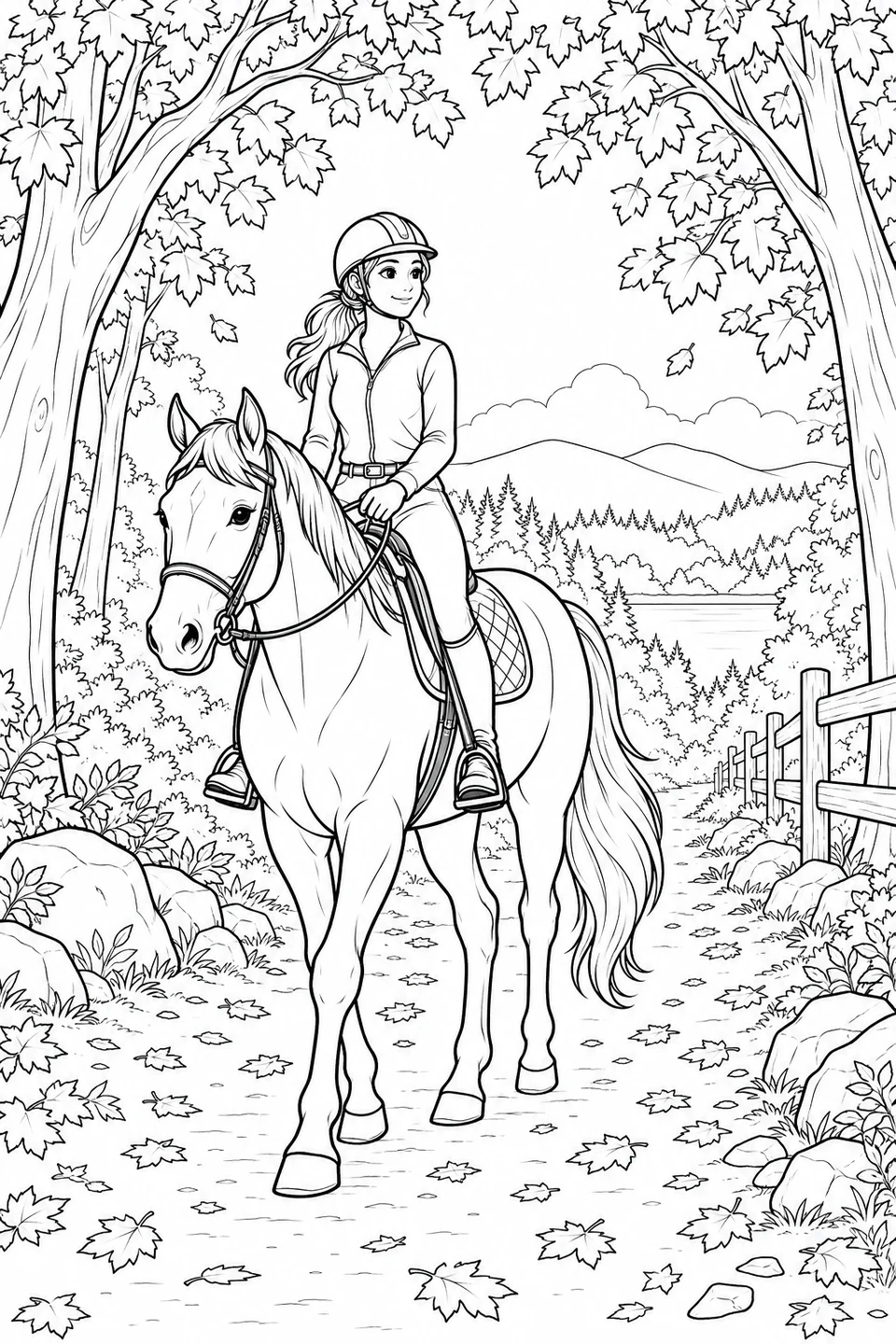 A helmeted woman rides a walking horse along a leafy woodland path beside a fence.