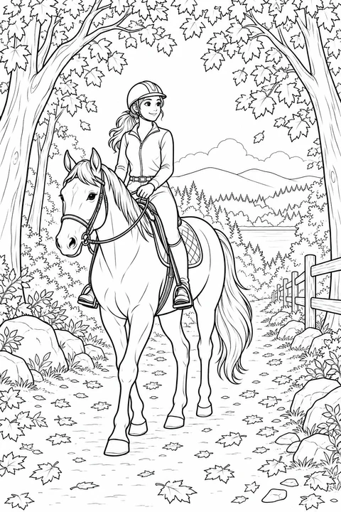 A helmeted woman rides a walking horse along a leafy woodland path beside a fence.