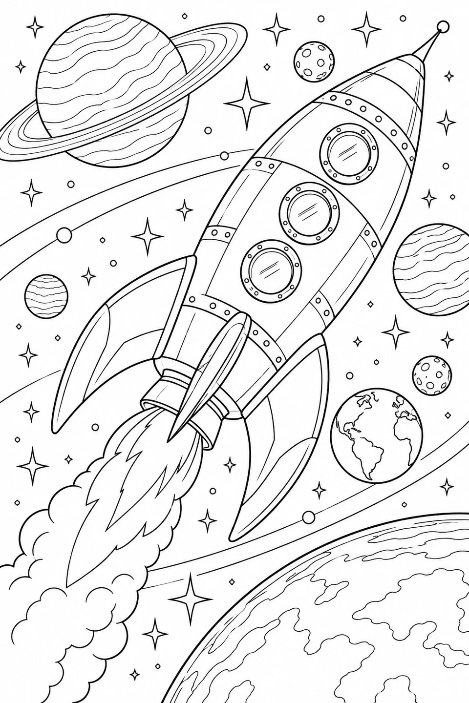 A rocket travels past planets and stars, with small details to color.