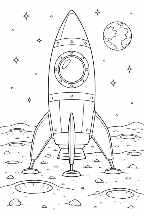 A rocket rests on a cratered moon beneath a starry sky.
