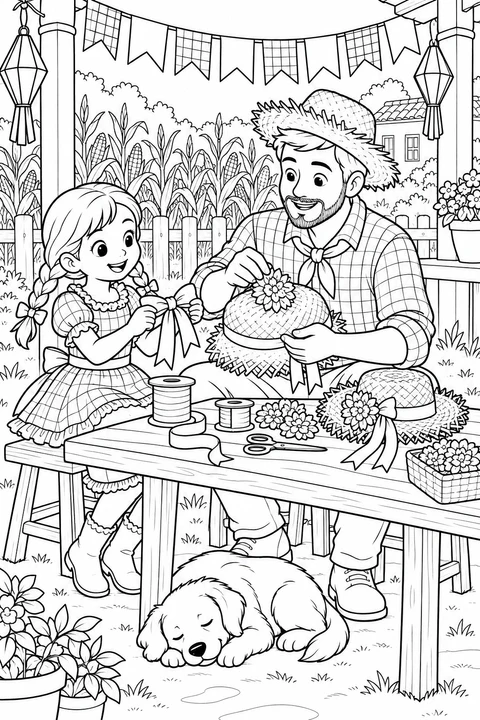 A man decorates a straw hat beside a girl holding a bow; a dog sleeps under the table.