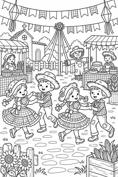 Brazilian June Festival Dance, printable black-and-white coloring illustration.