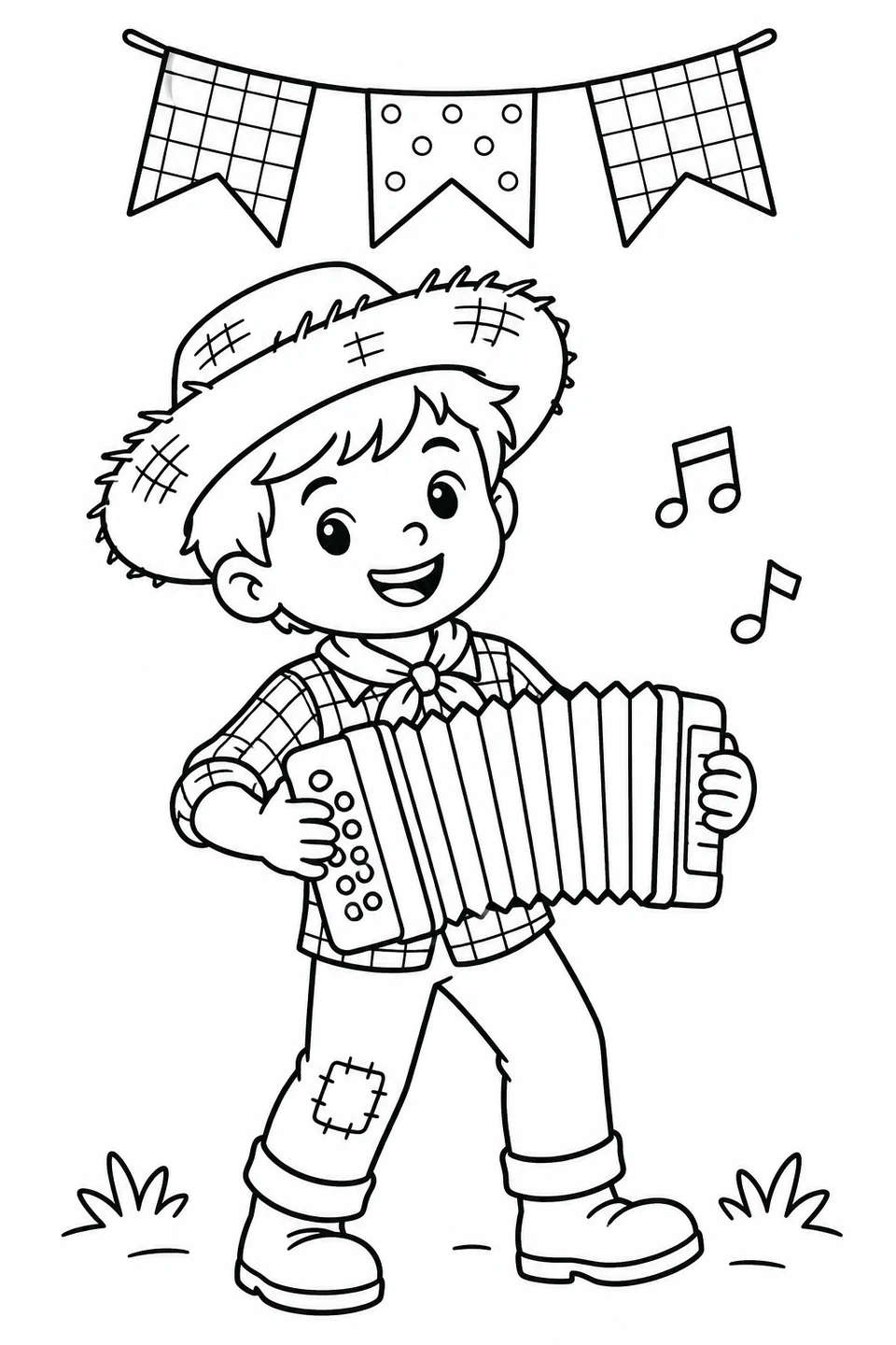 Accordion and June Festival Bunting, printable black-and-white coloring illustration.