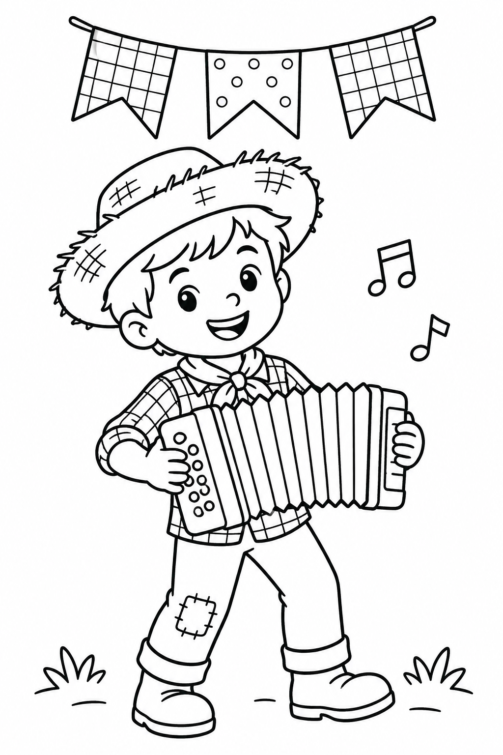 Accordion and June Festival Bunting, printable black-and-white coloring illustration.
