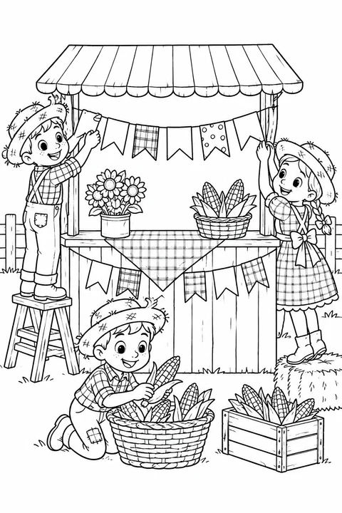 Decorating a June Festival Stall, printable black-and-white coloring illustration.