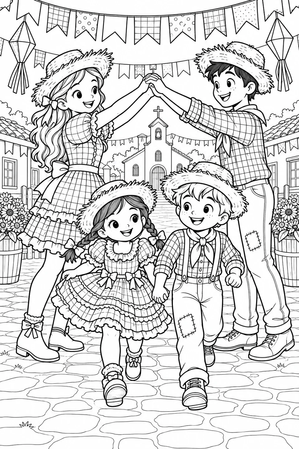 Two taller children raise their joined hands into an arch as two shorter children walk underneath, with bunting above the village square.