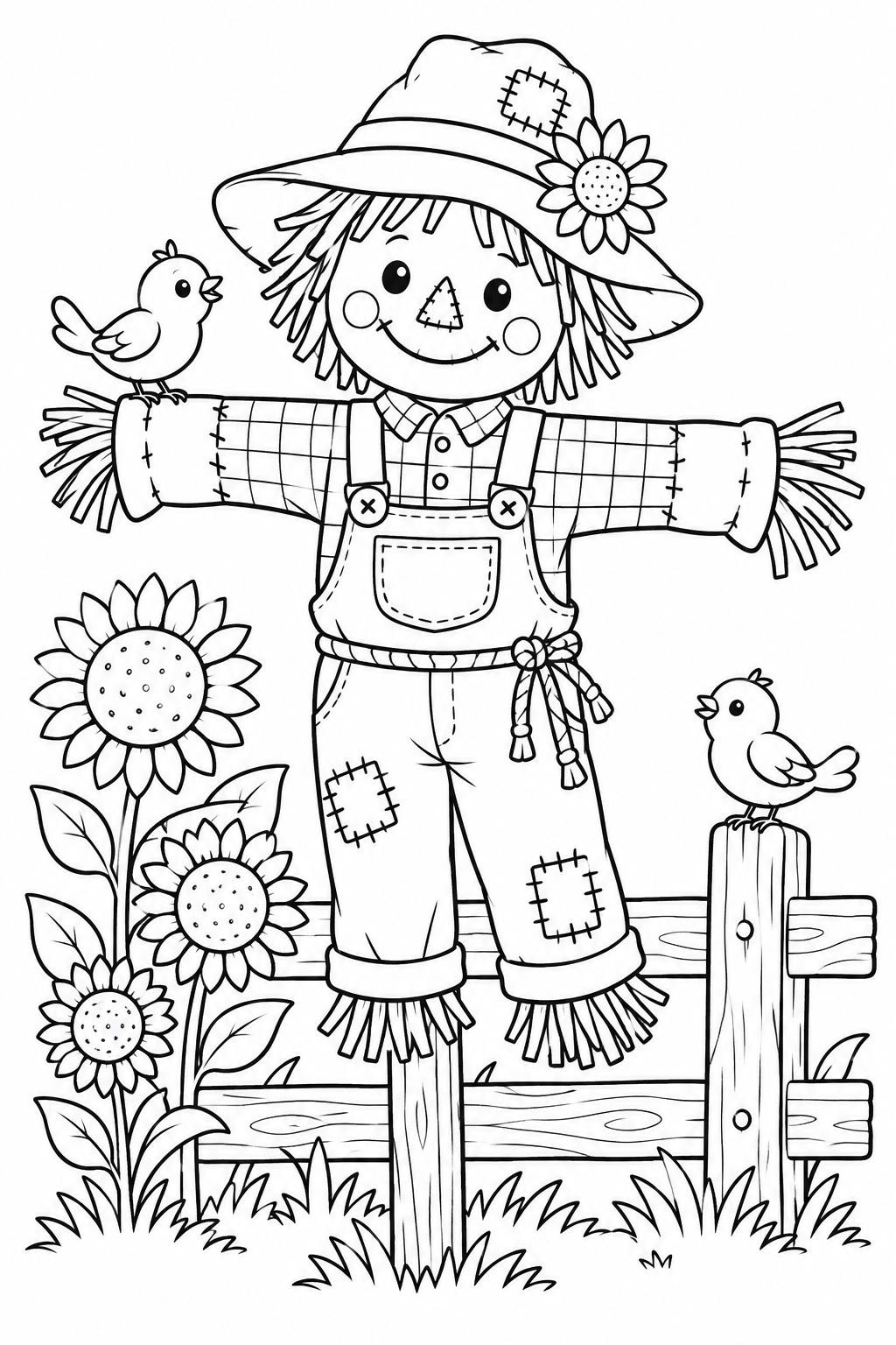 Two birds join a smiling scarecrow beside a wooden fence and sunflowers.