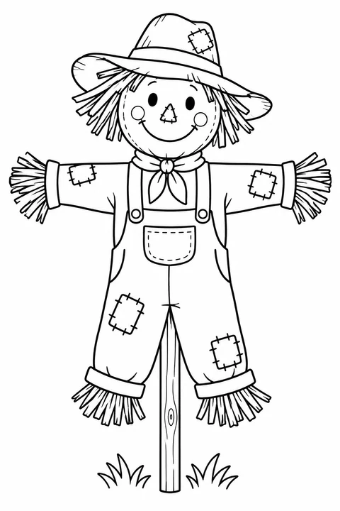 A smiling scarecrow wears a floppy hat and patched overalls, with straw at its cuffs and a wooden support below.