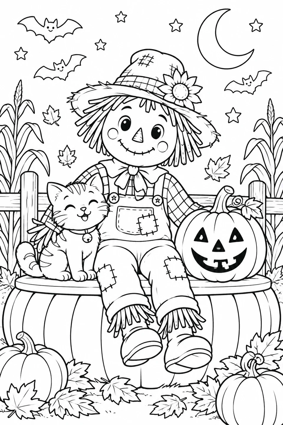 Scarecrow and kitten on a pumpkin-shaped bench beneath a crescent moon and smiling bats.