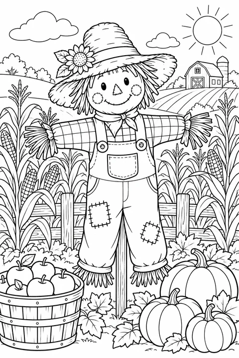 A scarecrow stands in a farm scene with corn, pumpkins, a basket of apples and a barn in the distance.