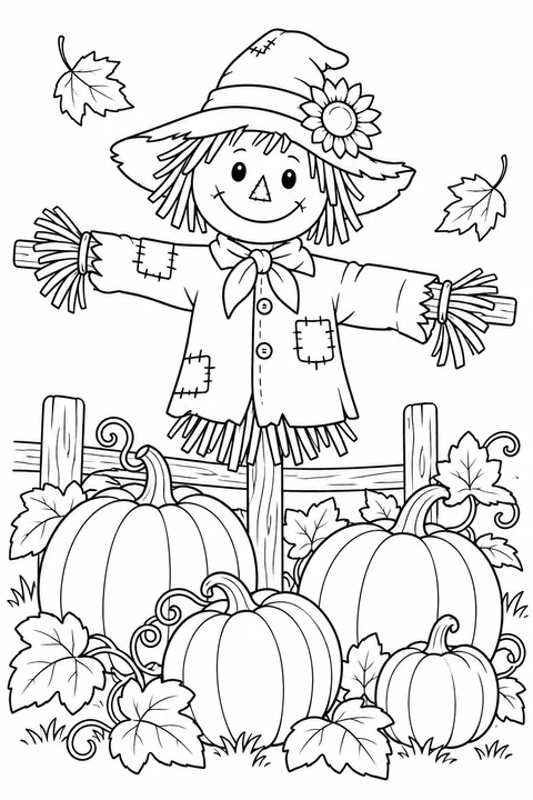 A cheerful scarecrow stands among pumpkins, broad leaves and curling vines.