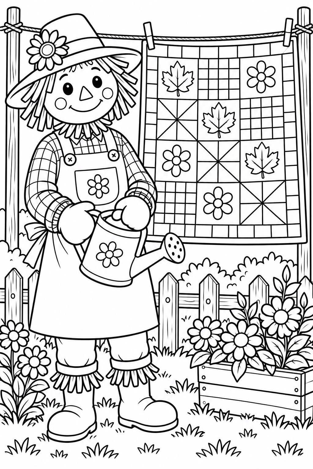 Eine Vogelscheuche hält eine Gießkanne neben Blumen und einer aufgehängten Patchworkdecke mit Blättern, Blumen, Gittern und Dreiecken.