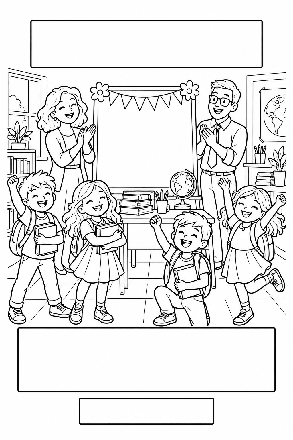 Black-and-white coloring card: Celebrating the end of the school year, with three blank writing areas.