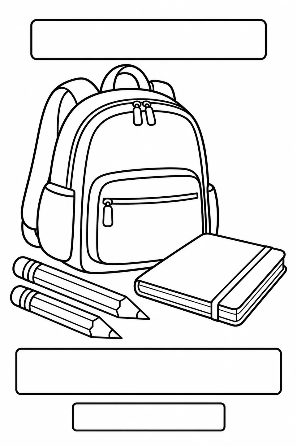 Black-and-white coloring card: Backpack and pencils, with three blank writing areas.