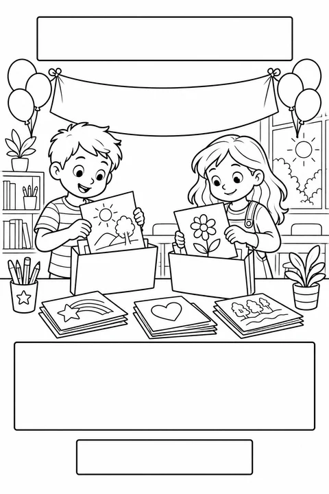 Black-and-white coloring card: Packing up classroom artwork, with three blank writing areas.