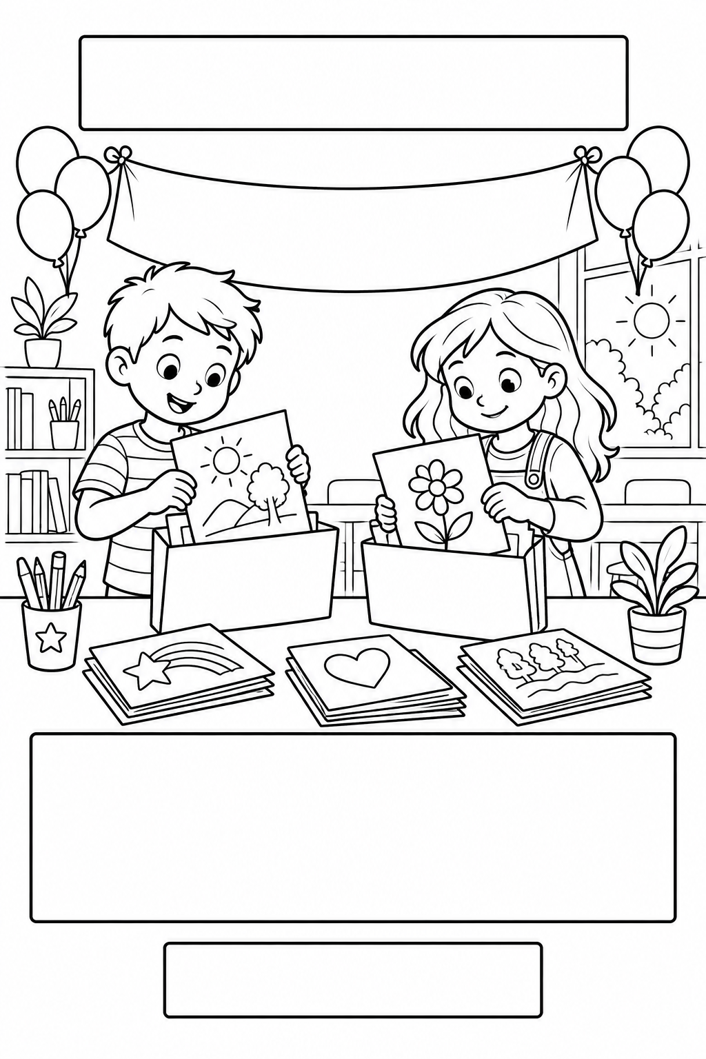 Black-and-white coloring card: Packing up classroom artwork, with three blank writing areas.