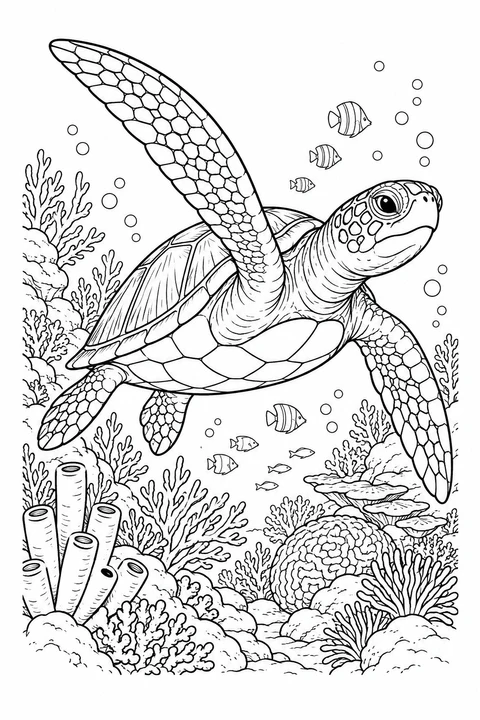 Eine große Meeresschildkröte schwimmt zwischen hohen Korallen, Röhrenschwämmen und kleinen Fischen.