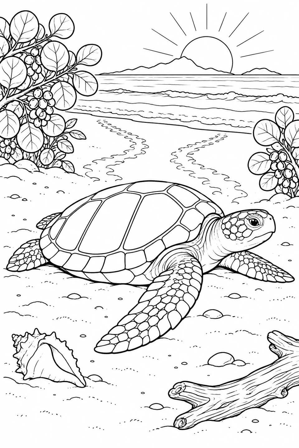 A sea turtle beside a spiral shell and driftwood, with tracks toward the waves and a low sun in the distance.