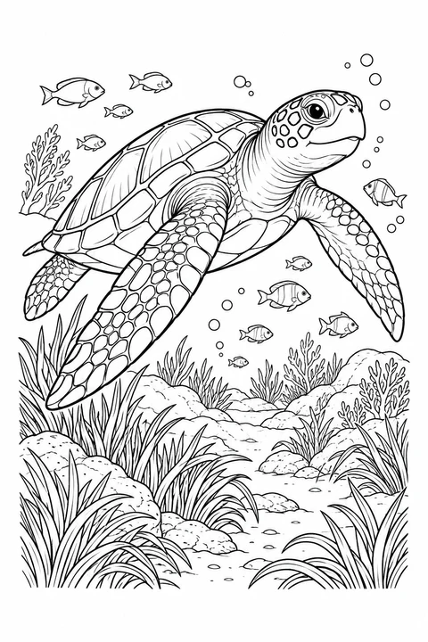 Een grote zeeschildpad glijdt tussen kleine vissen boven een rotsachtige bodem met lang zeegras.