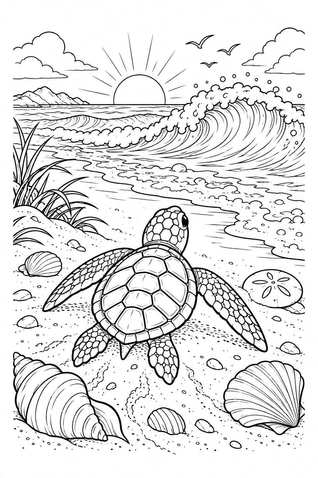 Eine kleine Meeresschildkröte krabbelt über einen muschelbedeckten Strand zu den Wellen und der Sonne am Horizont.