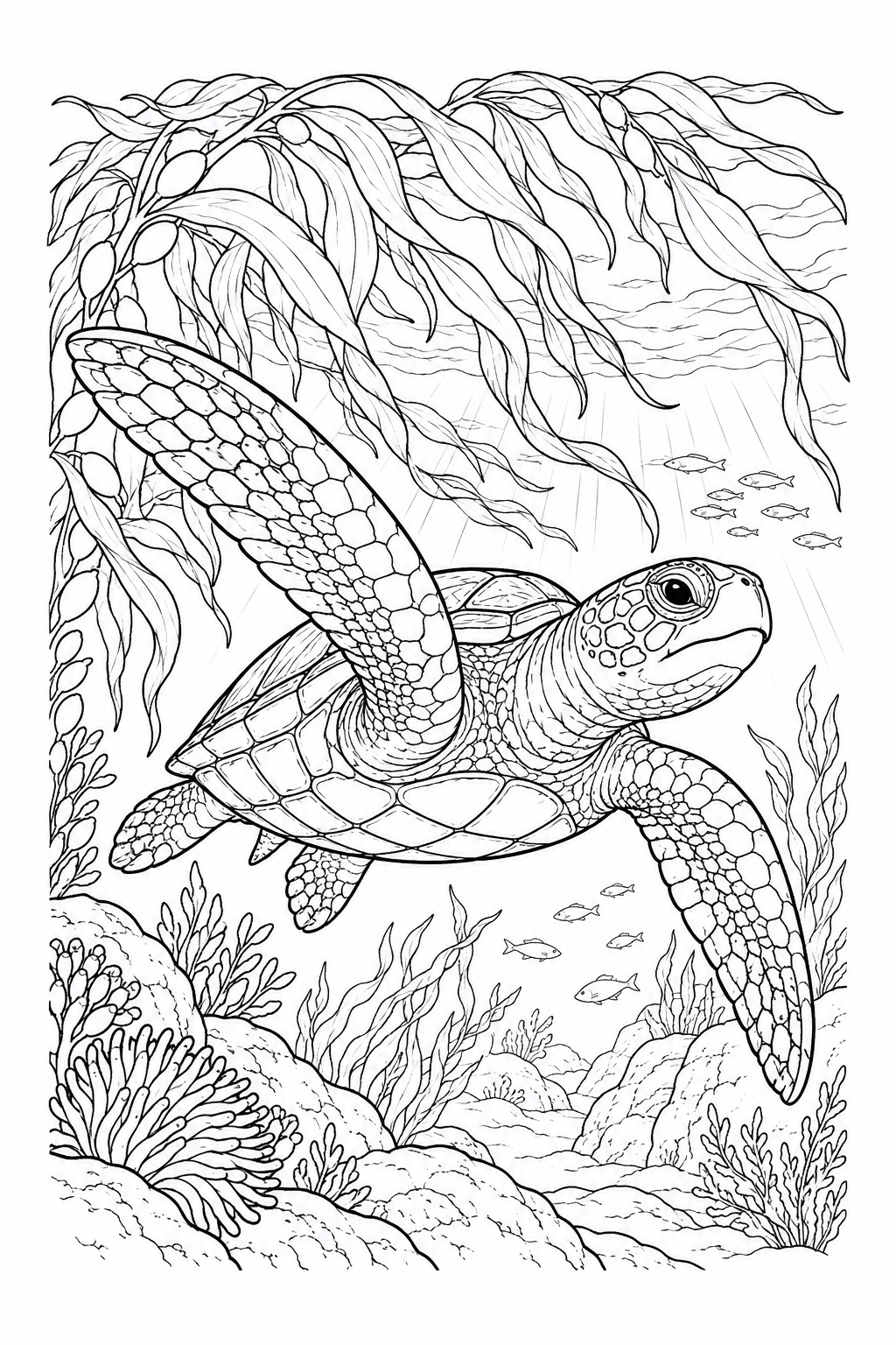 Eine Meeresschildkröte schwimmt unter langen, herabhängenden Tangblättern über Felsen und Fischen.