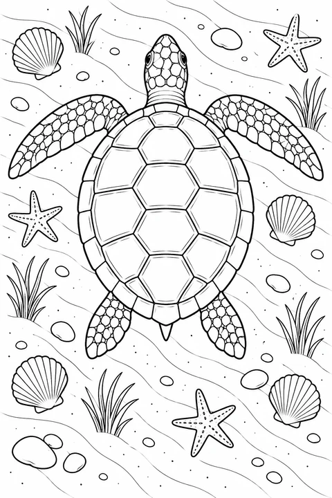 Seen from above, a sea turtle spreads its four flippers over rippled sand, surrounded by scallop shells, sea stars, stones and seagrass.