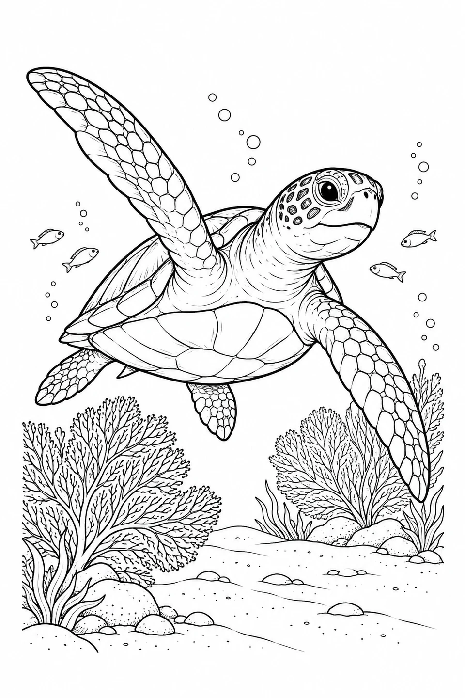 Eine Meeresschildkröte schwimmt über verzweigte Fächerkorallen und Sandboden. Kleine Fische sind in der Nähe.